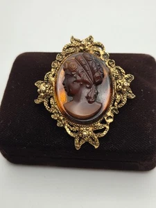 VINTAGE 1970'S CAMEO BROOCH PIN MOLDED TORTOISE SHELL GLASS W/ORIG BOX - Bild 1 von 6
