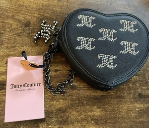Juicy Couture Heart Shape Coin Purse Wallet Wristlet Black Faux Leather W/ Bling - Picture 1 of 12