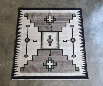 5x5 Ft Handwoven Wool Navajo Rug Southwestern Design Wall Decor Zapotec Area Rug - Image 1 of 4