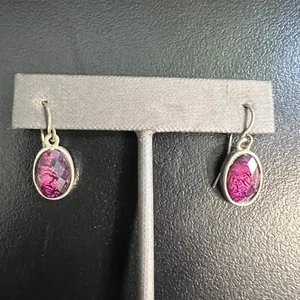 Purple Acrylic Stone Pierced Earrings Silver Tone Wire Drop Dangle - Picture 1 of 7