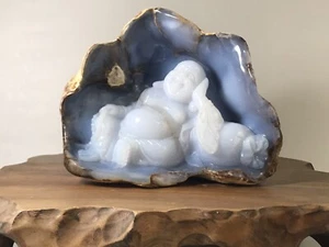 Geoda de ágata azul natural talla monje Budai Maitreya antiguo arte chino - Imagen 1 de 12