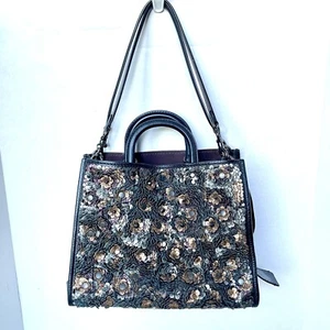 COACH ROGUE 30 Bag Purse Satchel LEATHER SEQUIN Flowers Black Metallics Large - Picture 1 of 14