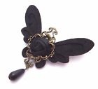 BLACK FAIRY BROOCH butterfly wings pin dark steampunk gothic faerie rose New 4Y