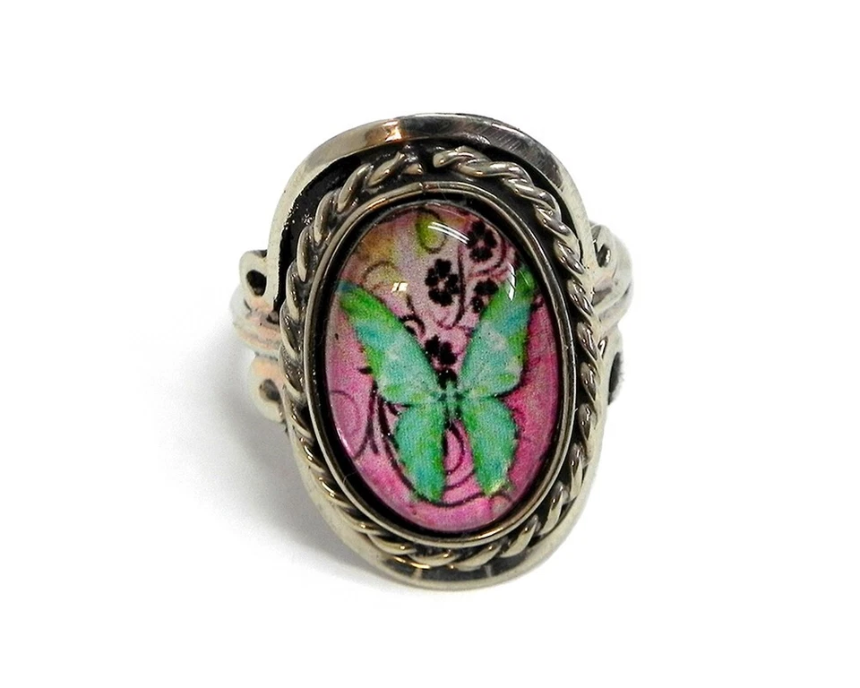 Floral Butterfly Silver Metal Adjustable Ring Mint Pink Boho Animal Art Jewelry Foto 1 de 1