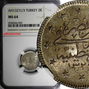 Turkey Mehmed V Silver AH1327//3 (1911) 2 Kurush NGC MS64 Toned KM# 749 (020) - Picture 1 of 4