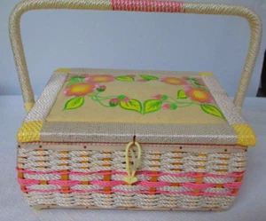 Wicker Sewing Basket Storage Box Woven Floral Padded Lid - Picture 1 of 7