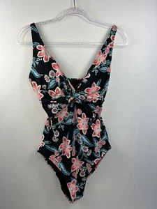 Old Navy Swimsuit Women's Size M Black & Floral V Neck with False Wrap Tropical - Picture 1 of 8
