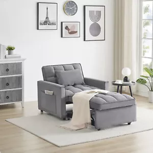 3 in 1 Velvet Convertible Sofa Bed Sleeper Sofa Chair Adjustable Backrest Gray - Picture 1 of 9