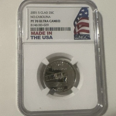 2001-S 25c revestido NGC PF70UCAM NORTH CAROLINA PRUEBA DE CUARTOS ULTRA CAMAFEO PR 70 NC Foto 1 de 3