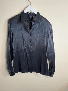 Vintage Laura Scott Damen glänzend metallic grau Knopfleiste Bluse Größe 10 - Bild 1 von 5