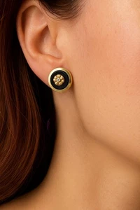 Vintage French Diamond Flower Earrings Estate Fine Jewelry Pre-Owned 18K Onyx - Picture 1 of 24