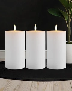 3"x6" White Ribbed Flameless Candles - Remote Control & Timer, Set of 3 Large... - Picture 1 of 7