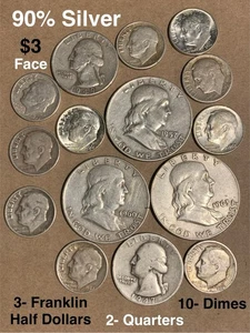 90% Silver Coins 1963 D 1960 D 1957 D Franklin Half Dollars 2 Quarters 10 Dimes - Picture 1 of 8
