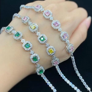 New Square Green Citrine Gems Women Xmas Jewelry Gifts Charm Bracelets Silver - Picture 1 of 9