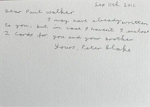 SIR PETER BLAKE SIGNED & HANDWRITTEN NOTE SEPTEMBER 11TH 2011 THE BEATLES - Picture 1 of 2