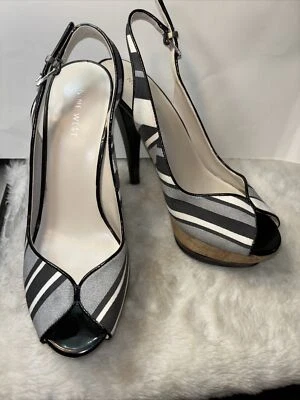 Nine West Cunning Black/Gray Striped Fabric Cork Platform Slingback Heels, 7.5M! - Image 1 of 4