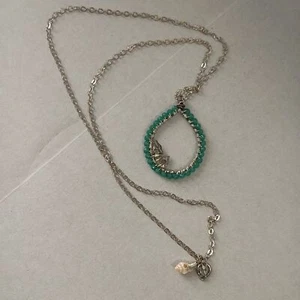 Lovely Handmade Necklace w/ Teal Green Beaded Teardrop Pendant w Mermaid & Shell - Picture 1 of 9