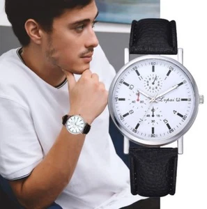 Reloj deportivo de diseño para hombre/jóvenes, gran reloj facial blanco, correa de cuero de grano negro - Imagen 1 de 4