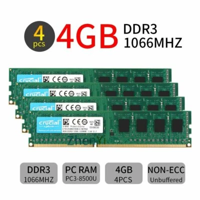 16GB 4x4GB 2GB DDR3 PC3-8500U 1066MHz CL7 DIMM Desktop Memory RAM Crucial LOT BT - Image 1 of 4