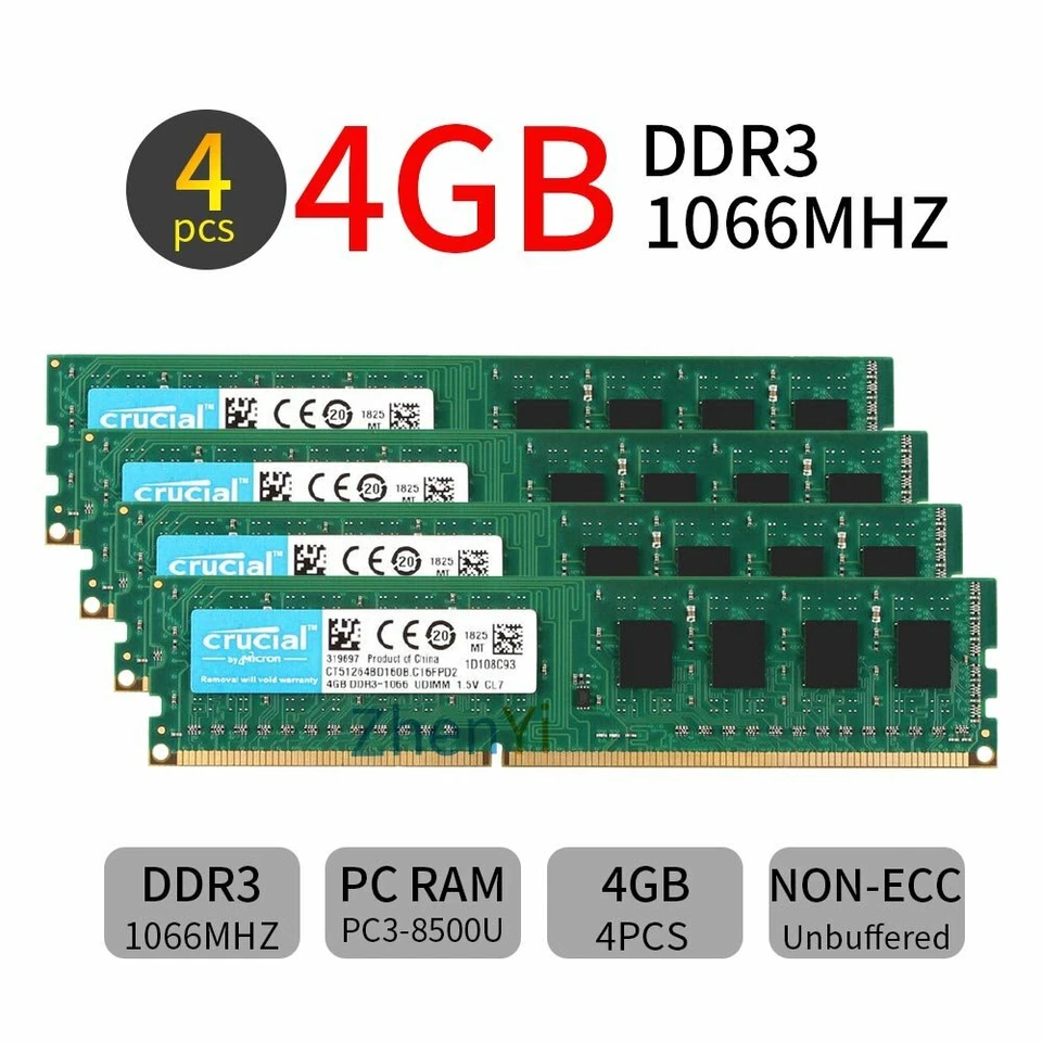 16GB 4x4GB 2GB DDR3 PC3-8500U 1066MHz CL7 DIMM Desktop Memory RAM Crucial LOT BT - Image 1 of 4