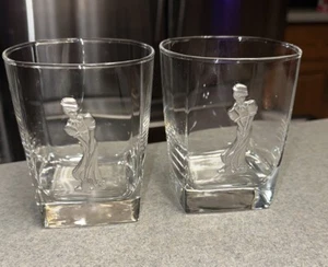 Set Of 2 Vintage Double Old Fashioned Glasses GOLF GOLFER WOMAN 3D Raised Figure - Picture 1 of 6
