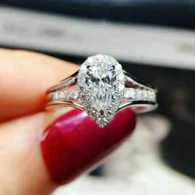 2.50Ct Pear Cut Moissanite Womens Engagement Wedding Ring 14K White Gold Plated - Image 1 of 4