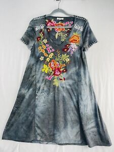 Adore Ladies Tie Dye Multi Colored Embroidered Boho Short Sleeve Dress Sz S