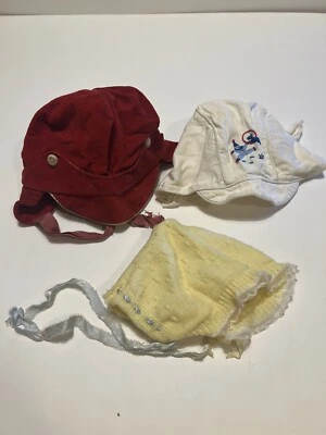 Baby Vintage Hats Lot Red White Yellow Corduroy Knit Cotton  - Image 1 of 4