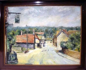 Shere. Village scene showing 'The White Horse'. Oil painting by B Fairbanks - Picture 1 of 3