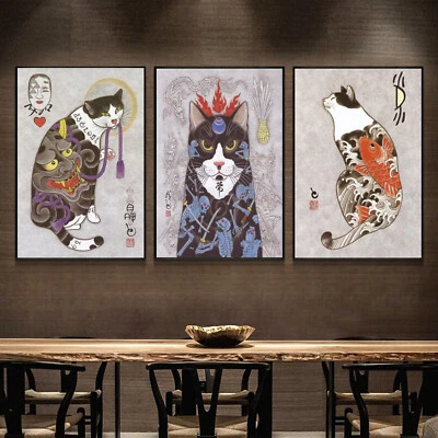 Set 3 Silk Canvas Tattoo Cat Samurai Japan Ukiyoe Art Paint Poster Decor P212 - Image 1 of 4