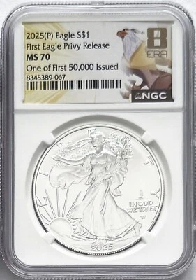 2025(P) SILVER EAGLE PHILADELPHIA MINT EAGLE PRIVY FIRST 50000 ISSUED NGC MS70 - Image 1 of 2