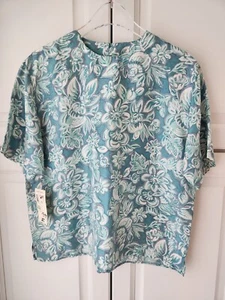 Nordstrom SLB Sunny Leigh 100% Silk Blouse M Green Ivory Floral Short Sleeve Vtg - Picture 1 of 11