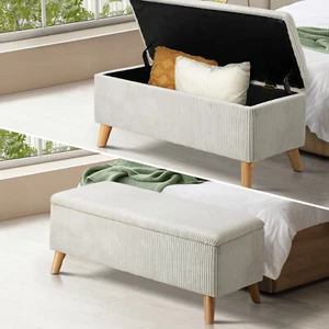 Oikiture Storage Ottoman Blanket Box Chest Toy Foot Stool LARGE Polyester Beige - Picture 1 of 7