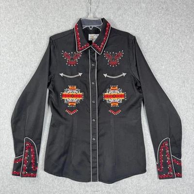 Panhandle Slim Black Shirt Womens M Western Rhinestone Embroidered Indian Aztec - Image 1 of 4