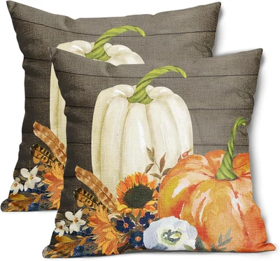 Fundas de Almohada Blanco Naranja Calabaza Otoño 18X18 Pulgadas Hoja de Girasol Madera Decorativas Foto 1 de 4
