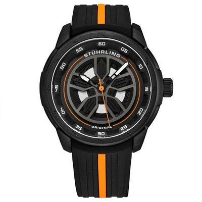 Relógio masculino Stuhrling original 984 05 aviador quartzo preto laranja pulseira de silicone - Imagem 1 de 4
