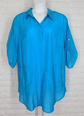 LANE BRYANT Silk Blend Button Down Shirt Tunic A Line Round Hem Aqua 18 20 NWT - Image 1 of 3