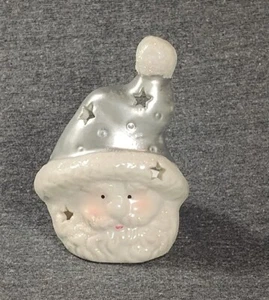Santa Clause Tealight Candle Holder 4" Ceramic Silver White Christmas - Picture 1 of 7