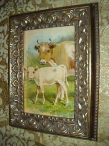 MOTHER COW WITH HER CALF 4 X 6 gold framed animal picture Victorian style print - Picture 1 of 18