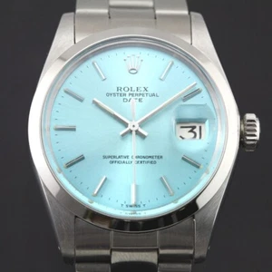 VINTAGE ROLEX OYSTER PERPETUAL DATE REF 1500 ICE BLUE DIAL MEN`S DRESS WATCH - Picture 1 of 15