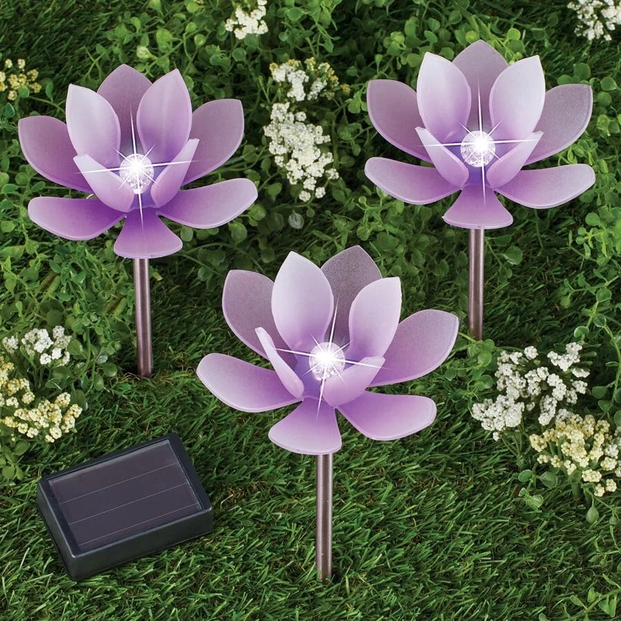 Set of 3 Solar Powered LED Lighted Purple Lotus Flower Outdoor Garden Stakes - Image 1 of 1