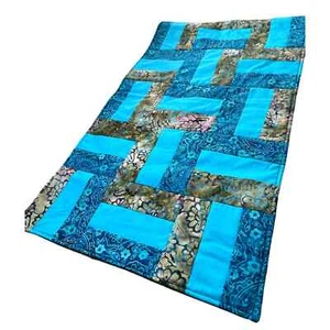 NEW Handmade Blue Green Batik Rail Block Long Table Runner Olive Back Reversible - Picture 1 of 3