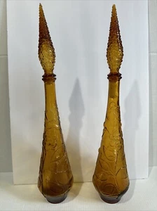 Bottiglia genio ambra vetro italiano vintage Empoli farfalla floreale in rilievo set di 2 - Foto 1 di 6