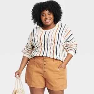 Women's Plus Size Crewneck Pullover Sweater - Knox Rose Ivory Striped 2X - Picture 1 of 3