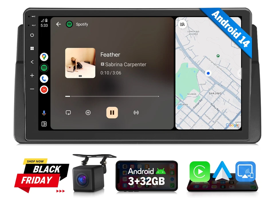 Für BMW E46 M3 Eonon E46X7 Android 14 Autoradio 9" Touchscreen GPS Navi CarPlay - Bild 1 von 4