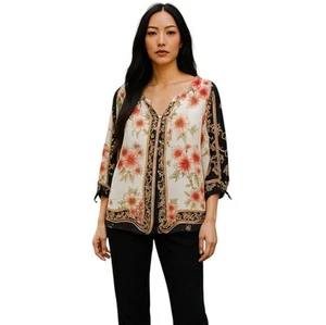 Fig & Flower Top Womens Size 2X White Black Boho Peasant Tie Sleeve Floral New - Picture 1 of 16