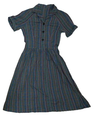 "Vestido de cintura camisera de algodón a cuadros vintage de los años 50 talla pequeña cintura 30"" azul a cuadros" Foto 1 de 4