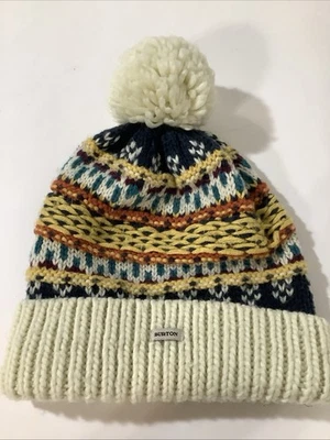 Sombrero tejido Burton para mujer gorro de nieve pompón azul amarillo blanco Foto 1 de 4