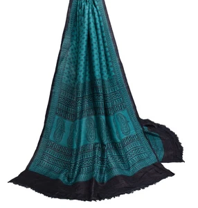Velo de estola larga floral tejido 100 % lana pura Dupatta azul verdoso de colección Sushila - Imagen 1 de 9