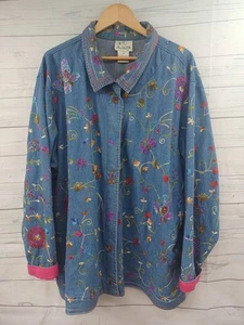 Quacker Factory Jean Jacket Plus 3X Denim Beaded Embroidery Floral Shacket - Picture 1 of 10